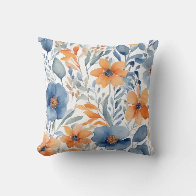Blauw en Oranje bloemmotief Kussen (Voorkant)