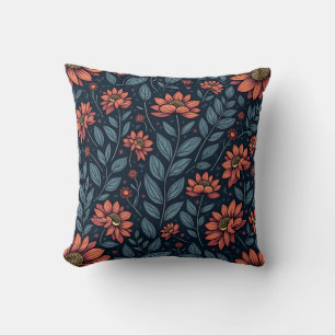 "Blauw en Oranje bloempatroon kussen" Kussen