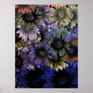 Blauw en oranje bloempatroon poster