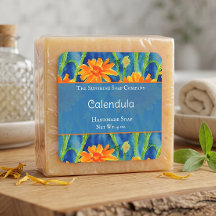 Blauw en oranje calendula zeep cosmetica label