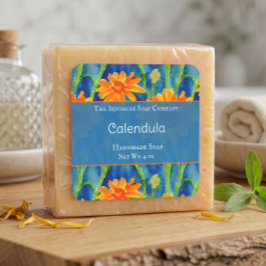 Blauw en oranje calendula zeep cosmetica label