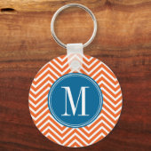 Blauw en Oranje Chevron Pattern met monogram Sleutelhanger (Voorkant)
