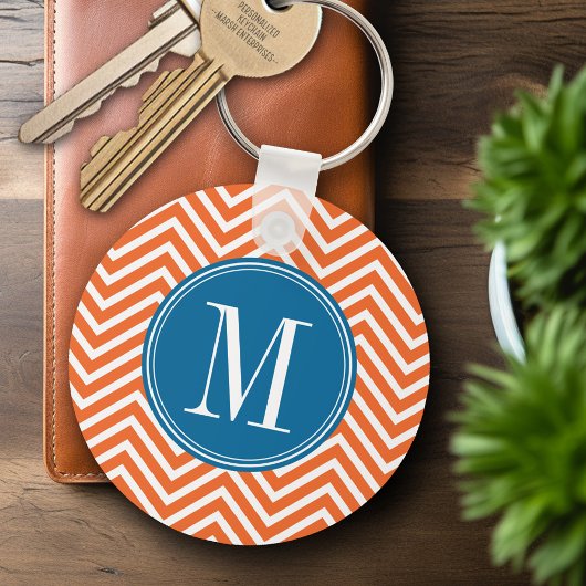 Blauw en Oranje Chevron Pattern met monogram Sleutelhanger
