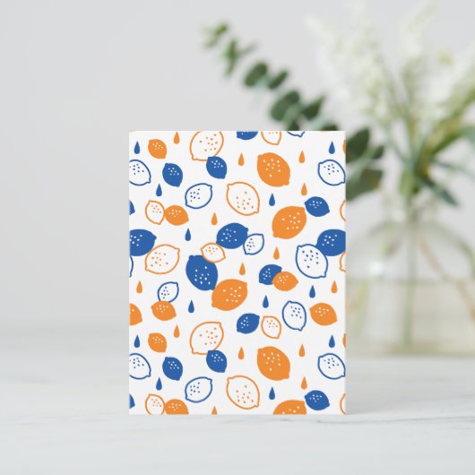 Blauw en Oranje citroenpatroon Speels fruitthema Briefkaart (Staand voorkant)
