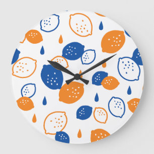 Blauw en Oranje citroenpatroon Speels fruitthema Grote Klok