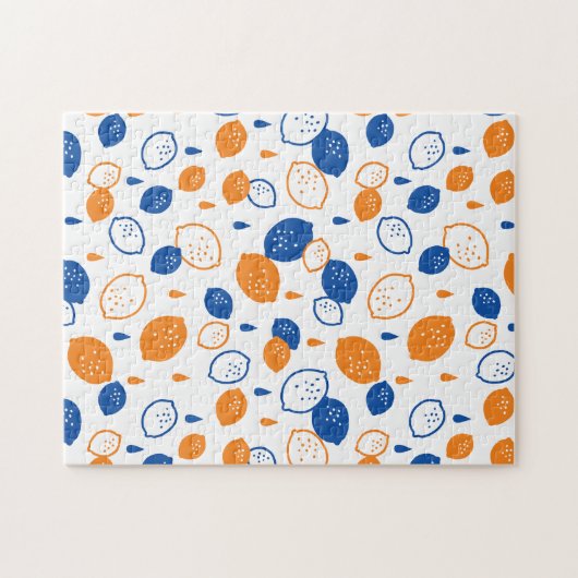 Blauw en Oranje citroenpatroon Speels fruitthema Legpuzzel (Horizontaal)