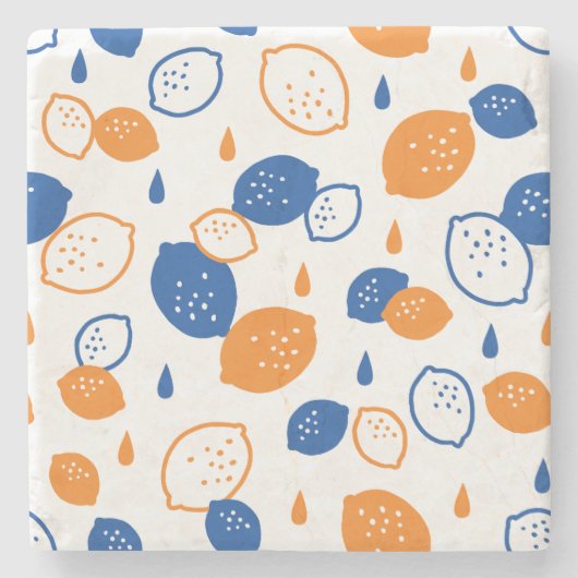 Blauw en Oranje citroenpatroon Speels fruitthema Stenen Onderzetter (Voorkant)