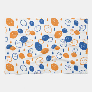 Blauw en Oranje citroenpatroon Speels fruitthema Theedoek