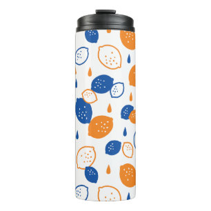 Blauw en Oranje citroenpatroon Speels fruitthema Thermosbeker
