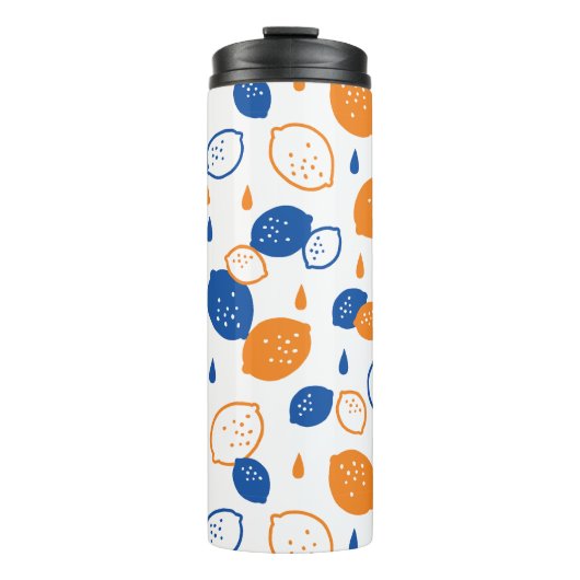 Blauw en Oranje citroenpatroon Speels fruitthema Thermosbeker (Voorkant)