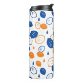 Blauw en Oranje citroenpatroon Speels fruitthema Thermosbeker (Gedraaid links)