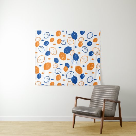Blauw en Oranje citroenpatroon Speels fruitthema Wandkleed (In Situ (horizontaal))
