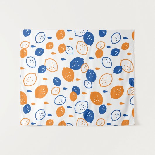 Blauw en Oranje citroenpatroon Speels fruitthema Wandkleed (Voorkant (horizontaal))