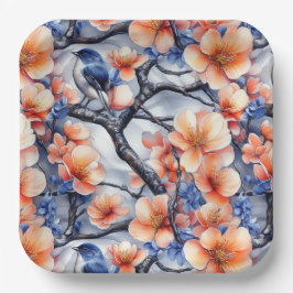 Blauw en oranje flora en fauna scène papieren bordje
