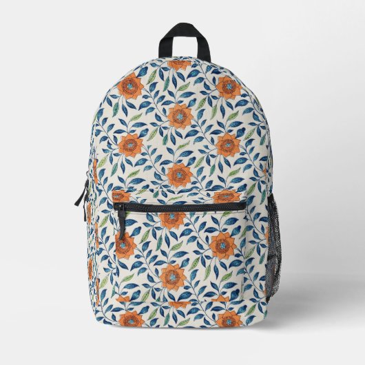 Blauw en Oranje Floral Patroon Bedrukte Rugzak (Voorkant)