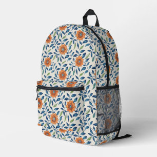 Blauw en Oranje Floral Patroon Bedrukte Rugzak