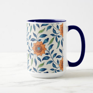 Blauw en Oranje Floral Patroon Mok