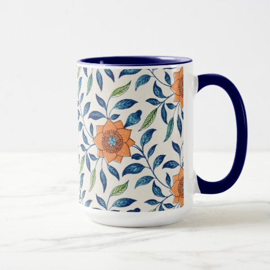 Blauw en Oranje Floral Patroon Mok (Rechts)