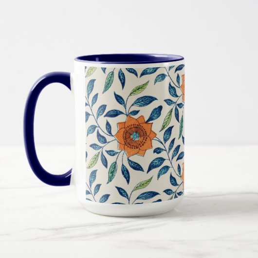 Blauw en Oranje Floral Patroon Mok (Links)