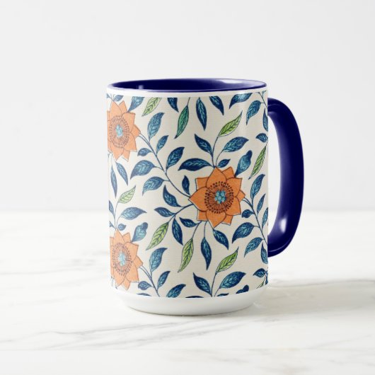 Blauw en Oranje Floral Patroon Mok (Voorkant rechts)
