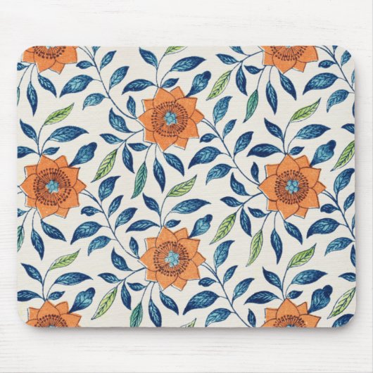 Blauw en Oranje Floral Patroon Muismat (Voorkant)