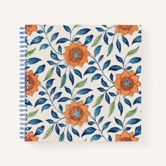 Blauw en Oranje Floral Patroon Notitieboek (Voorkant)