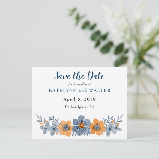 Blauw en Oranje Flower Sla de datum Briefkaarten o (Staand voorkant)