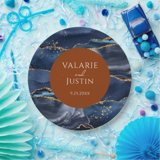 Blauw en Oranje geaarde bruiloft Papieren Bordje (Feest)