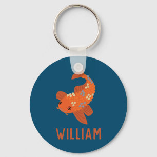 Blauw en Oranje gepersonaliseerd Koi Goldfish Sleutelhanger