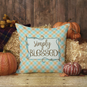 Blauw en oranje geruit tartan Simply Blessed Kussen