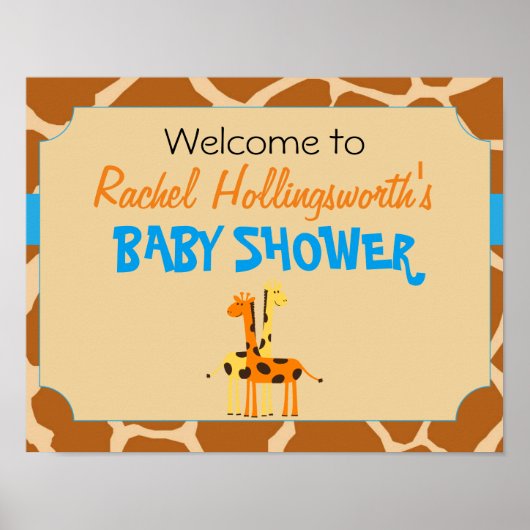 Blauw en Oranje Giraffe Baby shower WelkomstPoster Poster (Voorkant)