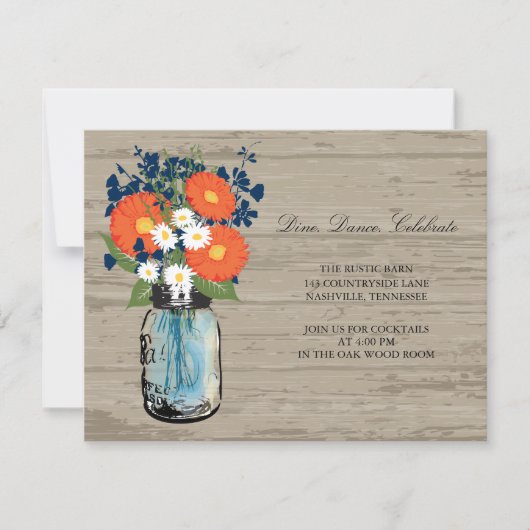 Blauw en Oranje Houten Pot Mason | Receptie Kaart (Voorkant)