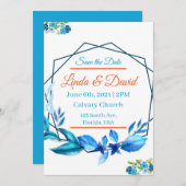 Blauw en Oranje huwelijk sparen de Datum Kaart (Voorkant / Achterkant)