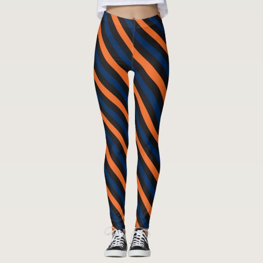 Blauw en Oranje kleine diagonale streep Leggings (Voorkant)