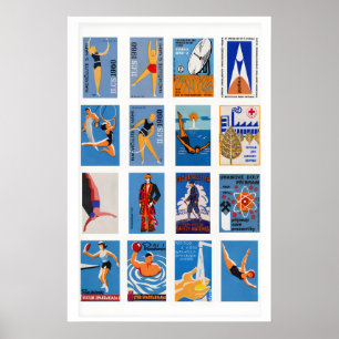 Blauw en oranje luciferdoosje label collage, leven poster