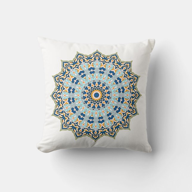 Blauw en Oranje Mandala Pillow Kussen (Voorkant)