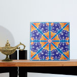 Blauw en Oranje mediterraan Spaans patroon Tegeltje<br><div class="desc">Gepatterde decoratieve keramische tegel in kleurtinten van blauw en oranje.</div>