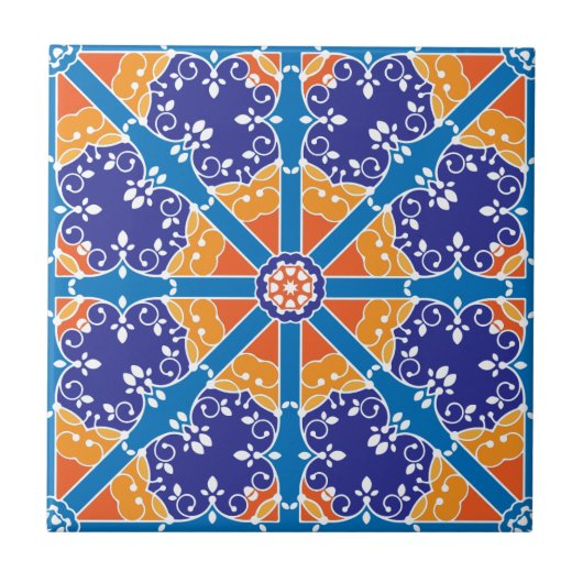 Blauw en Oranje mediterraan Spaans patroon Tegeltje (Voorkant)