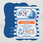 Blauw en Oranje Nautisch Baby shower Kaart (Voorkant / Achterkant)