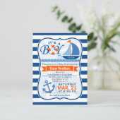 Blauw en Oranje Nautisch Baby shower Uitnodiging Briefkaart (Staand voorkant)