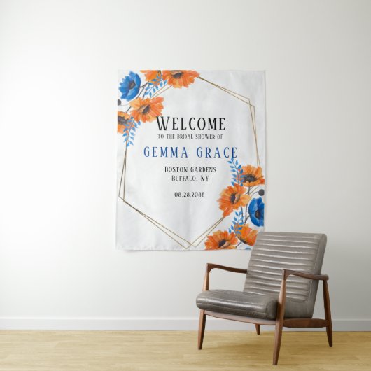 Blauw en oranje peppige bruids-shower-welkom wandkleed (In situ)