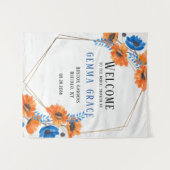 Blauw en oranje peppige bruids-shower-welkom wandkleed (Voorkant (horizontaal))