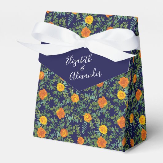 Blauw en Oranje Roos Floral Modern Wedding Bedankdoosjes (Voorkant Zijde)