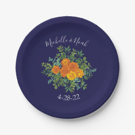 Blauw en Oranje Roos Floral Modern Wedding Papieren Bordje