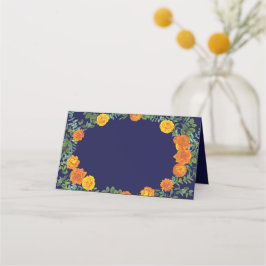 Blauw en Oranje Roos Floral Modern Wedding Plaatskaartje