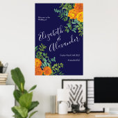 Blauw en Oranje Roos Floral Modern Wedding Poster (Thuiskantoor)