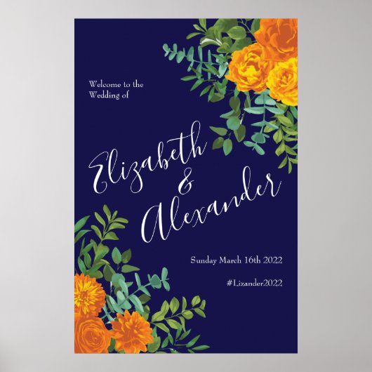 Blauw en Oranje Roos Floral Modern Wedding Poster (Voorkant)