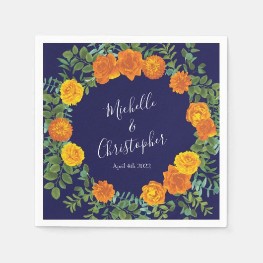 Blauw en Oranje Roos Floral Modern Wedding Servet (Voorkant)