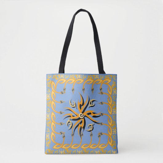 Blauw en oranje stamdruk tote bag (Voorkant)