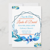 Blauw en oranje trouw save the date kaart (Voorkant)